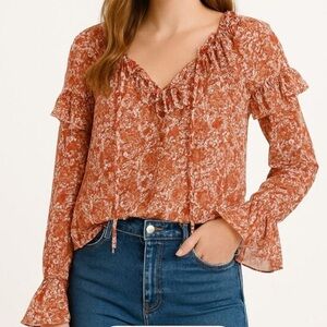 J. Crew Rust Floral Blouse with Ruffles